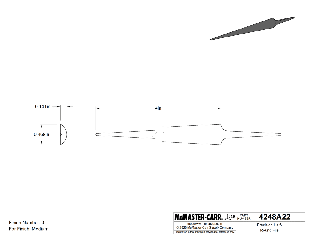 Technical Drawing of Precision Half-Round File, for Medium Finish, 4" Long x 15/32" Wide.
